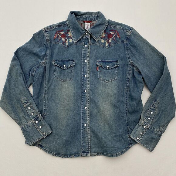 Levis Western Pearl Snap Shirt Womens XL Embroidered Floral Long Sleeve Denim - Picture 1 of 11